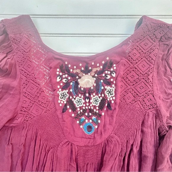 Free People Plum Backless Dress FloralEmbroidered BOHO Artsy Flow Babydoll Sz M - Picture 7 of 16